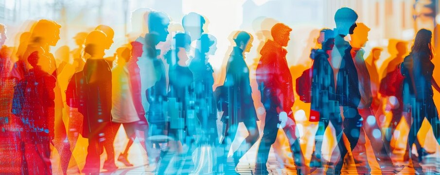 Abstract painting of a crowd walking through a city street.