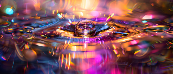 Fototapeta premium A water drop creates a vibrant, abstract explosion of light and color.