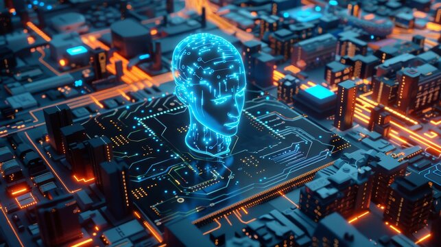 Futuristische Visualisierung eines gro&szlig;en Krankenhauskomplexes, der auf einem fiktiven Computerchip mit komplizierten Schaltkreisen steht. Sinnbild f&uuml;r die transformative Leistungserbringung von KI.