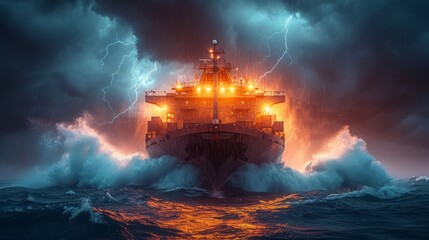 Fototapeta premium Marvel at the image capturing a massive cargo vessel facing a powerful open ocean storm, with waves crashing fiercely against the vessel's hull.