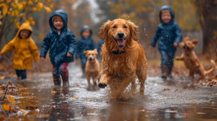 A gleeful dog reveling in play with kids during drizzly weather, darting through puddles, damp and cheerful. A joyful outdoor scene captured in a blissful instance.