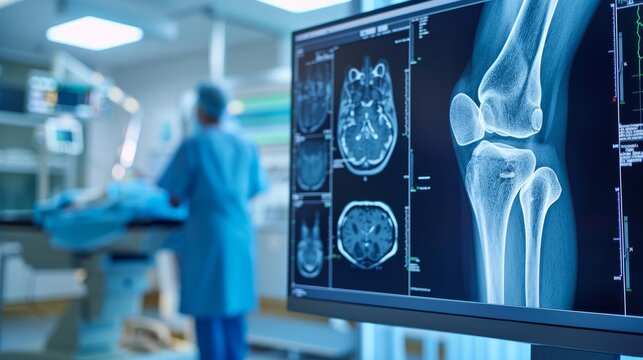 An X-ray examination of a knee joint and brain, displayed on a computer monitor, embodying the advancement of medical diagnostics.