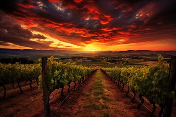 Beautiful golden hour sunset over the picturesque vineyard landscape in the wine country, showcasing the scenic agricultural beauty of the grapevines, rows, and fields