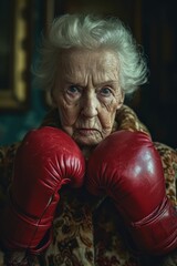 A portrait of an elderly woman, her clenched fists within boxing gloves speak volumes of her readiness to fight for justice.
