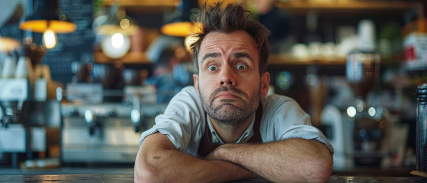 Barista in coffee shop, appearing stressed while handling multiple orders, busy counter area