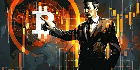 a image of a man in a suit holding a bitcoin in his hand