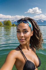 Selfie von exotischer Frau in alpinem Gebirgssee,