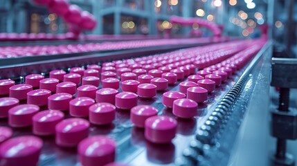 Obraz premium Pharmaceutical Production Line For Pink Pills in Factory Setting