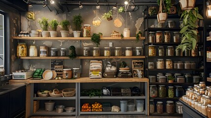 **Zero waste grocery store where customers bring their own containers to fill with bulk food items and package-free products , concept of reducing waste and conscious consumption and minimal packaging