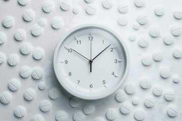 White Clock Surrounded by Pills Symbolizing Medication Schedule and Health Management