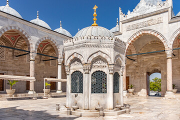 Fountain and domes used for ablution in the New Mosque complex in Eminönü, Istanbul.