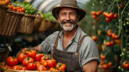 With a gleeful expression, an elderly farmer celebrates his bountiful tomato harvest, proudly presenting a wicker basket brimming with ripe produce.
