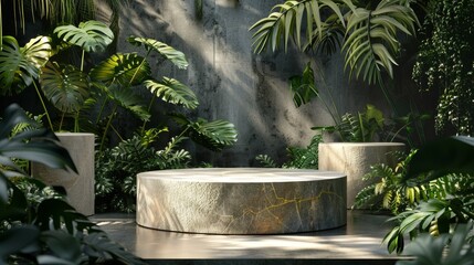 3D forest podium mockup for showcasing cosmetic products. Natural podium display for eco-friendly product photography. 