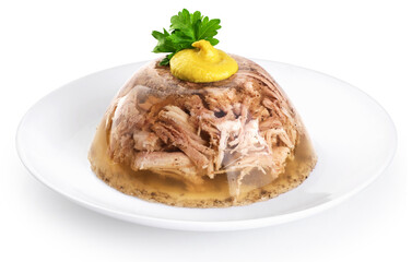Aspic jellied meat in a plate on a white background. Jellied pork with mustard and parsley.