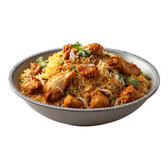 Fototapeta premium A Hot Delicious bowl of biryani with chicken pieces isolated on a transparent background png. Beautiful view of traditional spicy indian food, Iftar meal, Ramadan dinner.