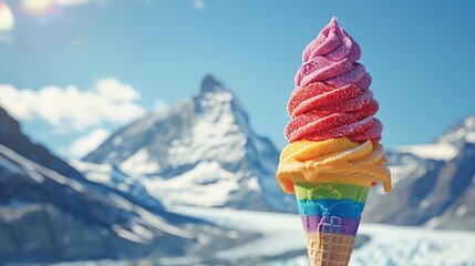Surreal Rainbow Flag Ice Cream Cone Against Mountain Backdrop, Generated with AI