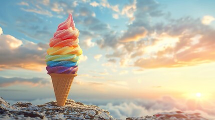 Breathtaking Rainbow Banner Ice Cream Cone Perched on Hilltop, Generated with AI