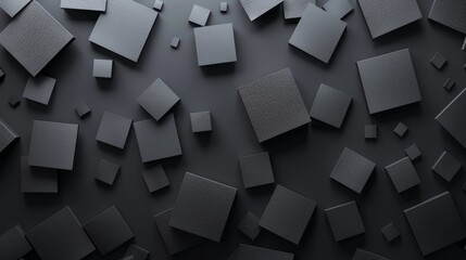 Abstract 3D illustration of floating black geometric squares on a dark background. Modern design and minimalist concept. High-resolution image.