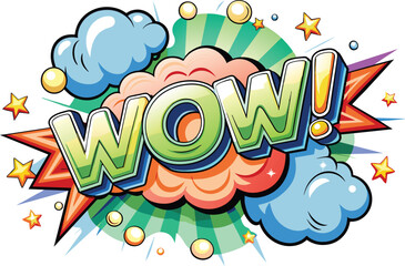 Word WOW! inside explosive cloud in comic style, flat illustration, vector illustration.