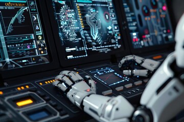Fototapeta premium A control panel filled with advanced technology controlled by robots.