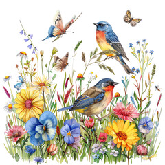 Obraz premium A beautiful watercolor painting of a garden with flowers and birds. The perfect gift for any occasion.