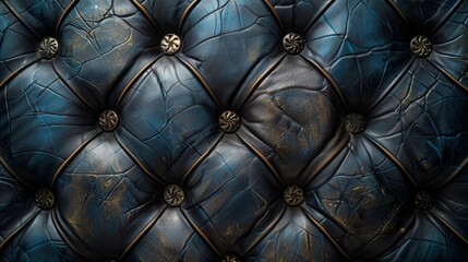 Naklejka premium A close-up shot of vintage blue leather upholstery with tufted buttons, showcasing texture and craftsmanship in an intricate pattern.