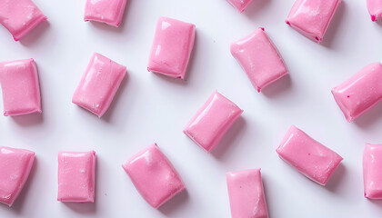 Tasty pink chewing gums on white background, top view