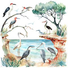 A group of birds standing on a branch near the water.