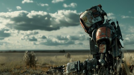 Mechanical robots are exploring a post-apocalyptic wasteland.