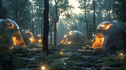 advanced camping gear in a futuristic forest, drones assisting with setup, holographic entertainment, eco-friendly technology, twilight setting, Generated with AI