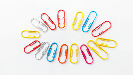 Fototapeta premium Set of various colorful paperclips isolated on white background, top view