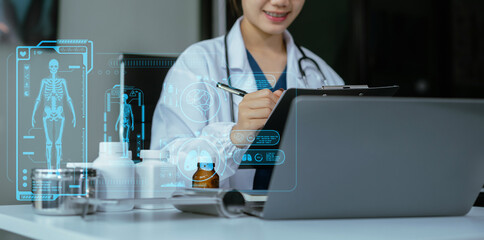 Fototapeta premium Medicine doctor woman working with modern digital tablet computer and smartphone interface as medical network concept.