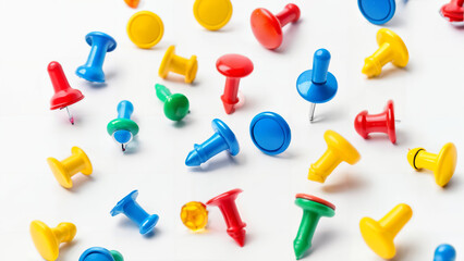 Set of various colorful push pins isolated on white background, top view