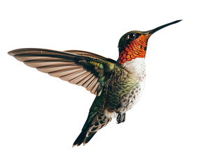 Fototapeta premium A ruby-throated hummingbird hovers in mid-air, its long, thin beak outstretched