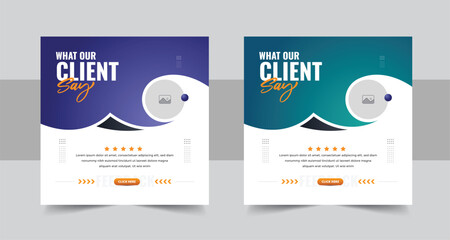 Modern client testimonial or creative customer feedback social media post design vector or square web banner template layout