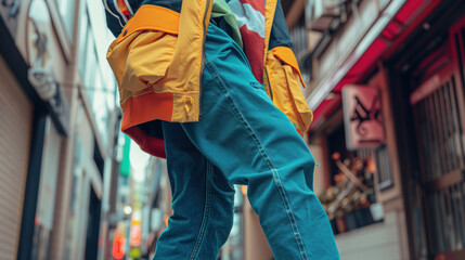 Obraz premium A fashionable young man in a multi-colored jacket and sneakers poses against the backdrop of city buildings. Legs close-up, jeans, 90s style