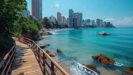 Obraz premium A beach with a wooden boardwalk leading to the water