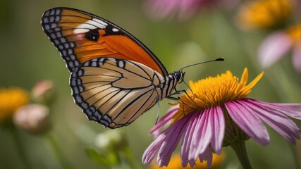 Fototapeta premium Macro shot of A vibrant butterfly perched on a colorful flower. The wings of the butterfly should be open, displaying their full pattern and color. A blooming meadow with a variety of wildflowers. The