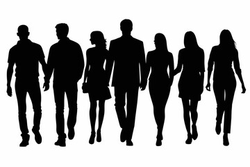Vector silhouettes of men and women group of walking on white background
