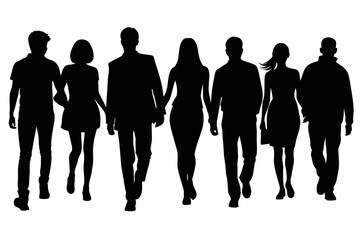 Vector silhouettes of men and women group of walking on white background