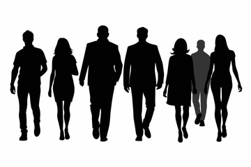 Vector silhouettes of men and women group of walking on white background