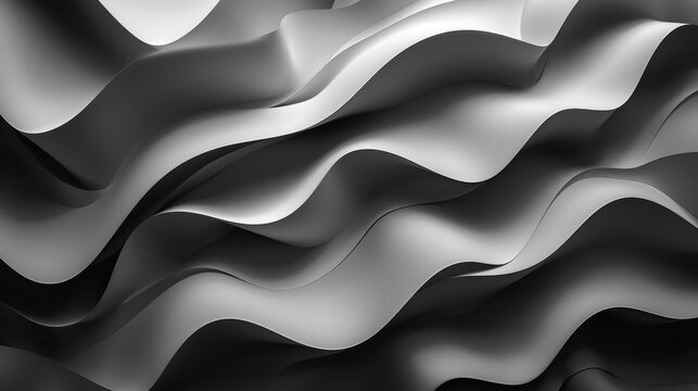 Abstract black and white wavy pattern with smooth flowing curves, creating a modern, elegant texture and dynamic movement on a 3D surface.