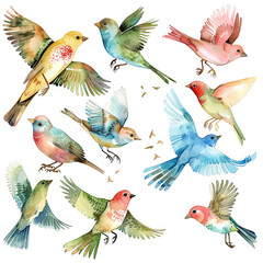 Fototapeta premium A watercolor painting of various colorful birds with different poses.