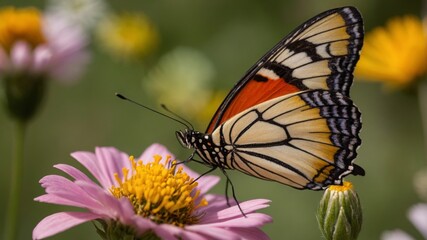 Fototapeta premium Macro shot of A vibrant butterfly perched on a colorful flower. The wings of the butterfly should be open, displaying their full pattern and color. A blooming meadow with a variety of wildflowers. The