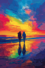 Flat art style illustration of an LGBTQ+ woman couple walking hand in hand in the sunset. The scene captures them strolling along a tranquil beach