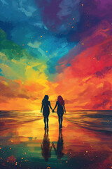 Flat art style illustration of an LGBTQ+ woman couple walking hand in hand in the sunset. The scene captures them strolling along a tranquil beach