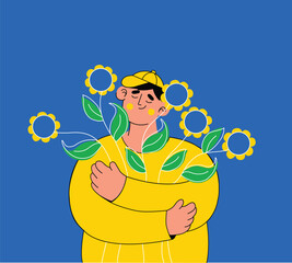 Vector happy man holding sunflowers flat illustration