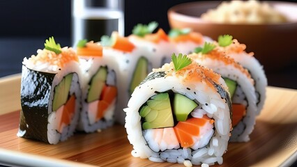 A close-up of sushi rolls filled with cucumber, avocado, and fish, garnished with orange fish roe and green herbs. The rolls are placed on a wooden board, presenting a fresh and colorful look