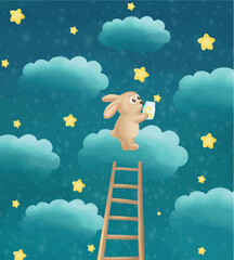 Vector cute little bunny collecting stars illustration