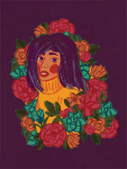 Vector girl in flowers flat illustration